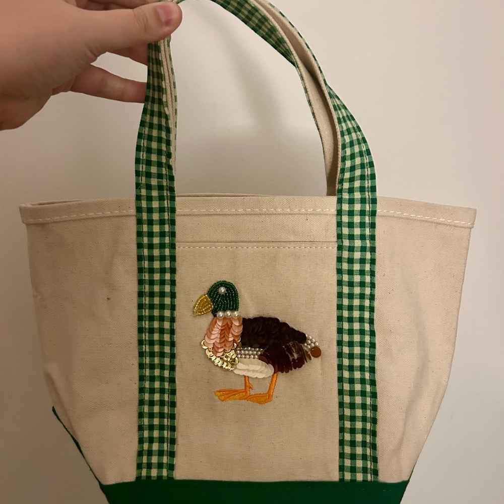 Anthropologie Cream Canvas Tote with Green Gingham Straps and Embroidered Duck